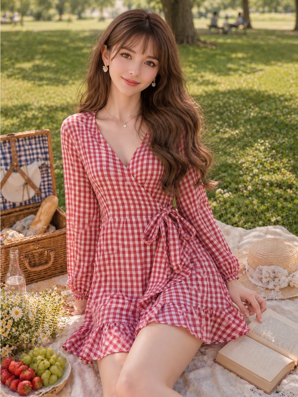 Sneak Peek Gingham Ruffle Balloon Sleeve Cottagecore Picnic Wrap Dress Size S